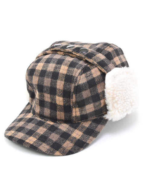 Broner Wool Blend Plaid Work Hat With Earflaps in Tan