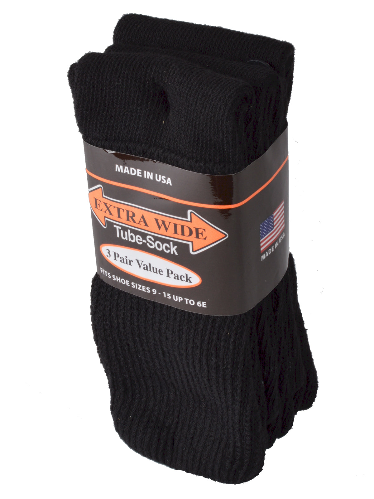 Extra Wide Men's Tube Sock 3-Pack in Black - Shoe Sizes 9 - 15